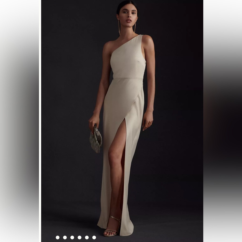 BHLDN Dylan One Shoulder Champagne Satin Side Slit Dress (US 6)